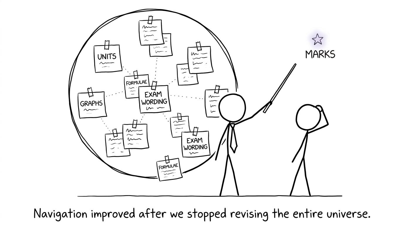 A tutor and student navigate towards marks using a focused map instead of revising the whole universe