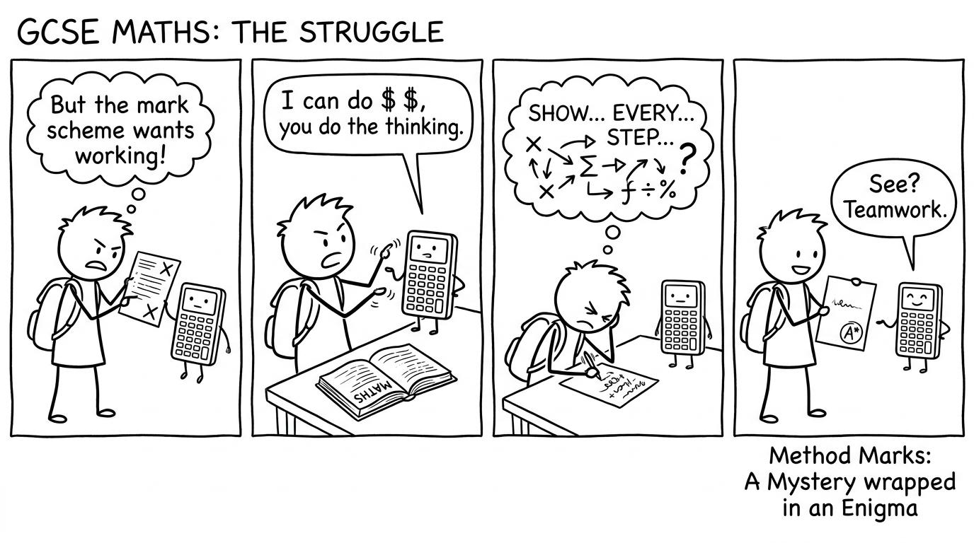 A student arguing with a calculator about showing working