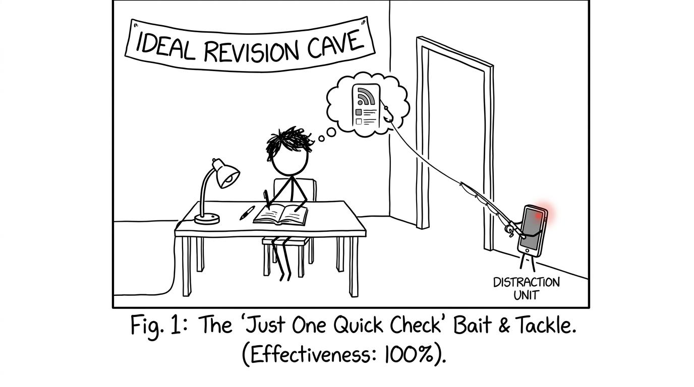 A student's phone fishing for their attention outside an ideal revision room