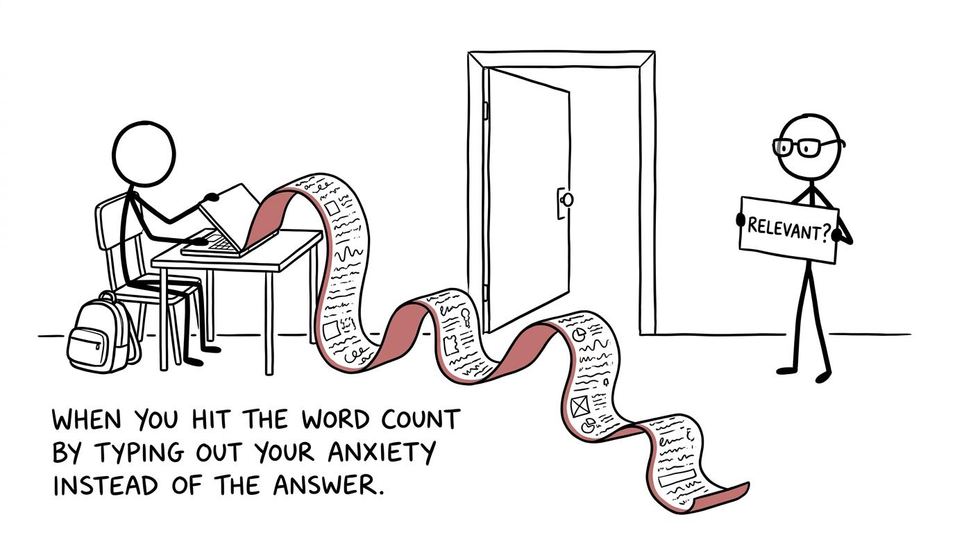 An examiner questions an absurdly long typed essay scroll