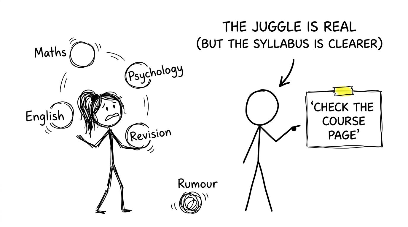 A student juggles qualifications while a calm adviser points towards the course page