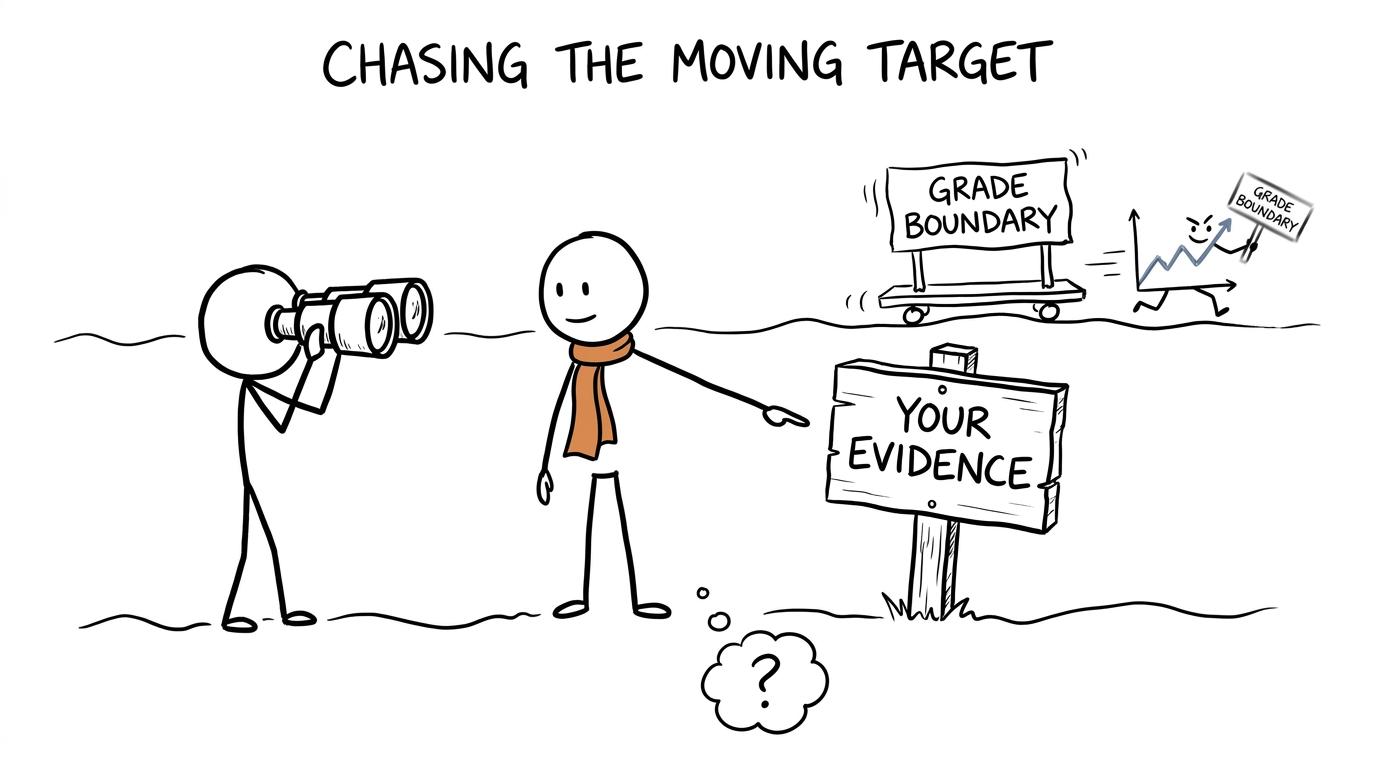 A student chases a moving grade boundary while the useful evidence waits nearby