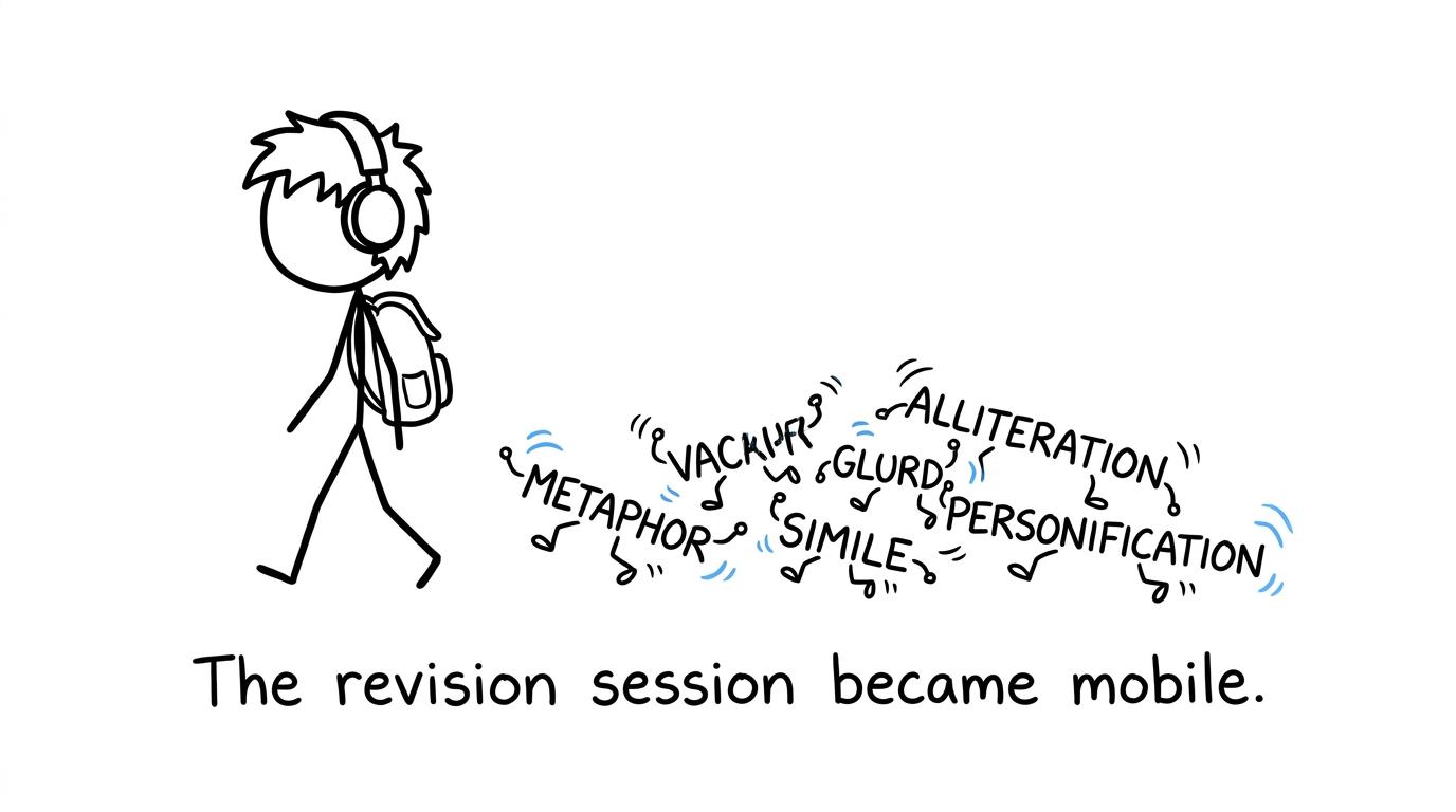 A walking student whose mobile revision session is being chased by vocabulary