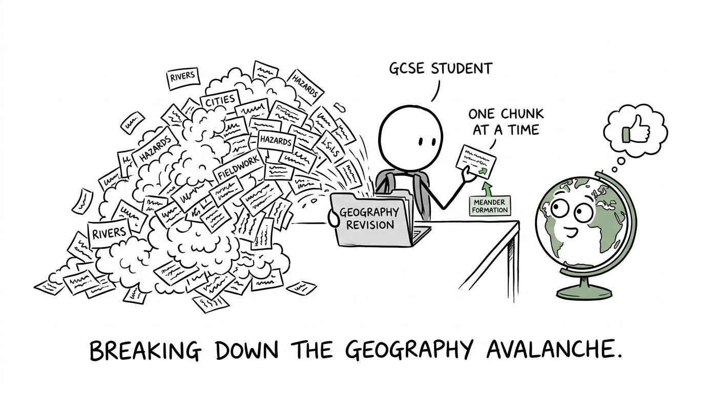 A student calmly handles one Geography topic while a revision folder releases an avalanche of topic cards