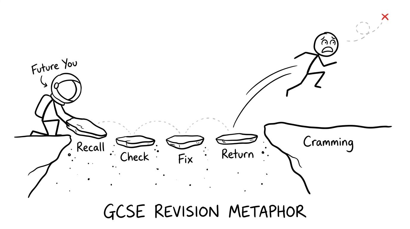An astronaut uses small revision stepping stones while cramming floats away