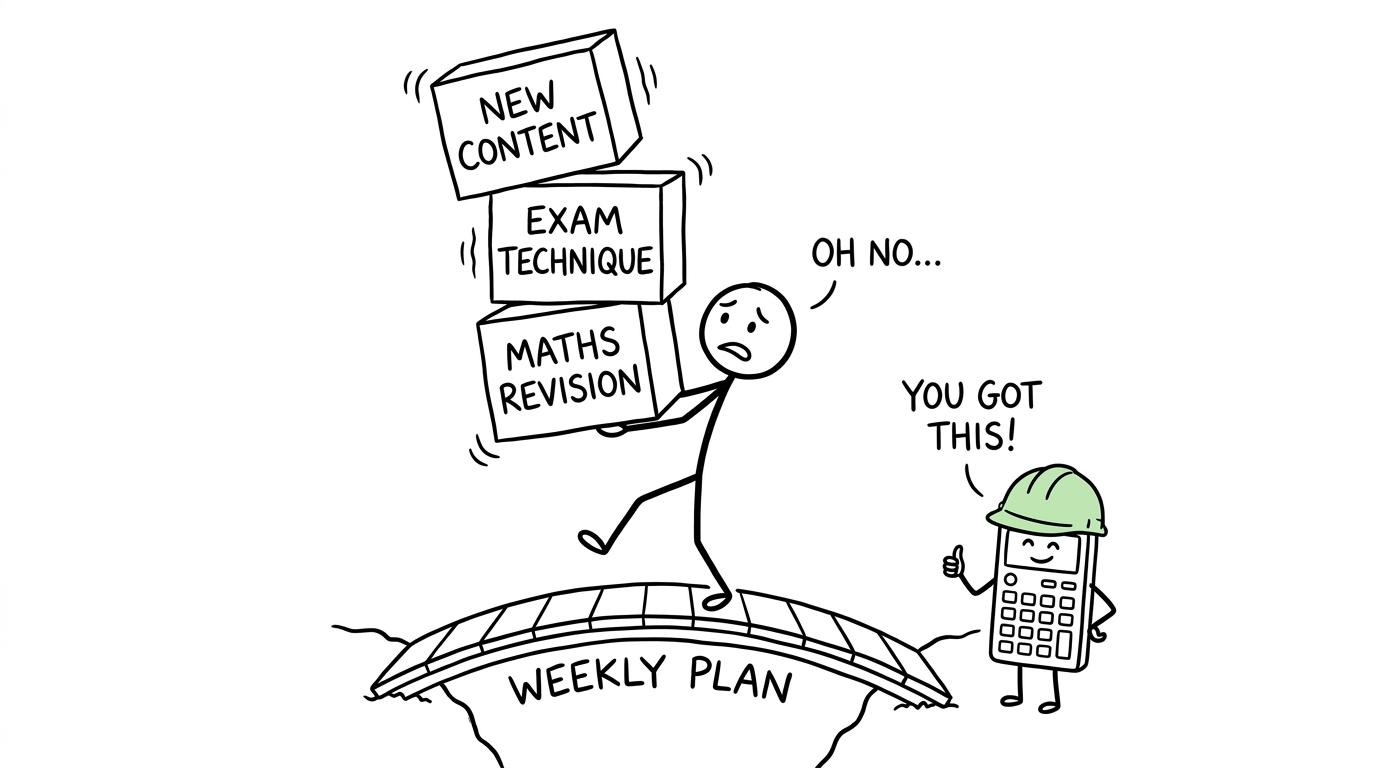 A student balancing new content, exam technique and maths revision