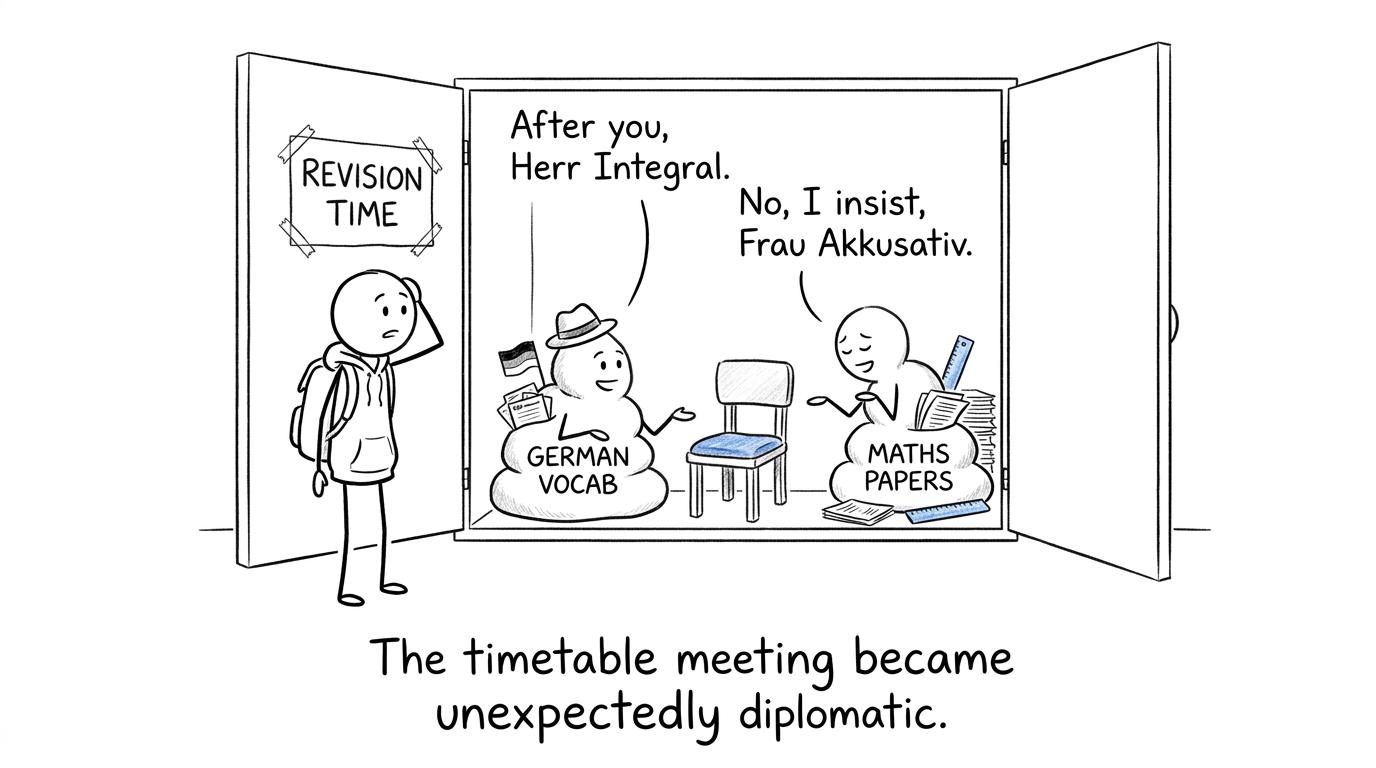 German vocabulary cards and maths papers negotiate over limited revision time