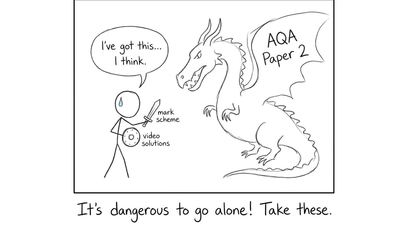 A past paper dragon labelled Paper 2 and a sword labelled mark scheme
