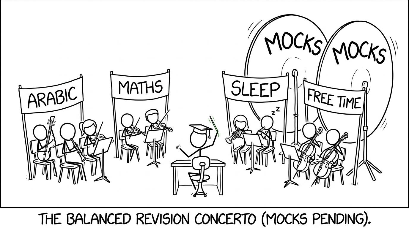 A student conducts a balanced orchestra of Arabic, maths, sleep and free time