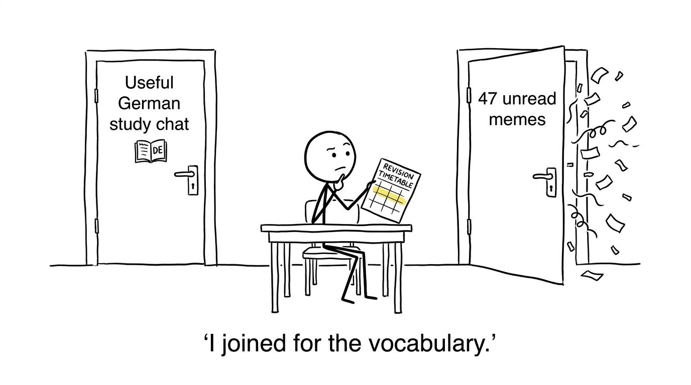 A student choosing between a useful German study chat and an avalanche of unread memes