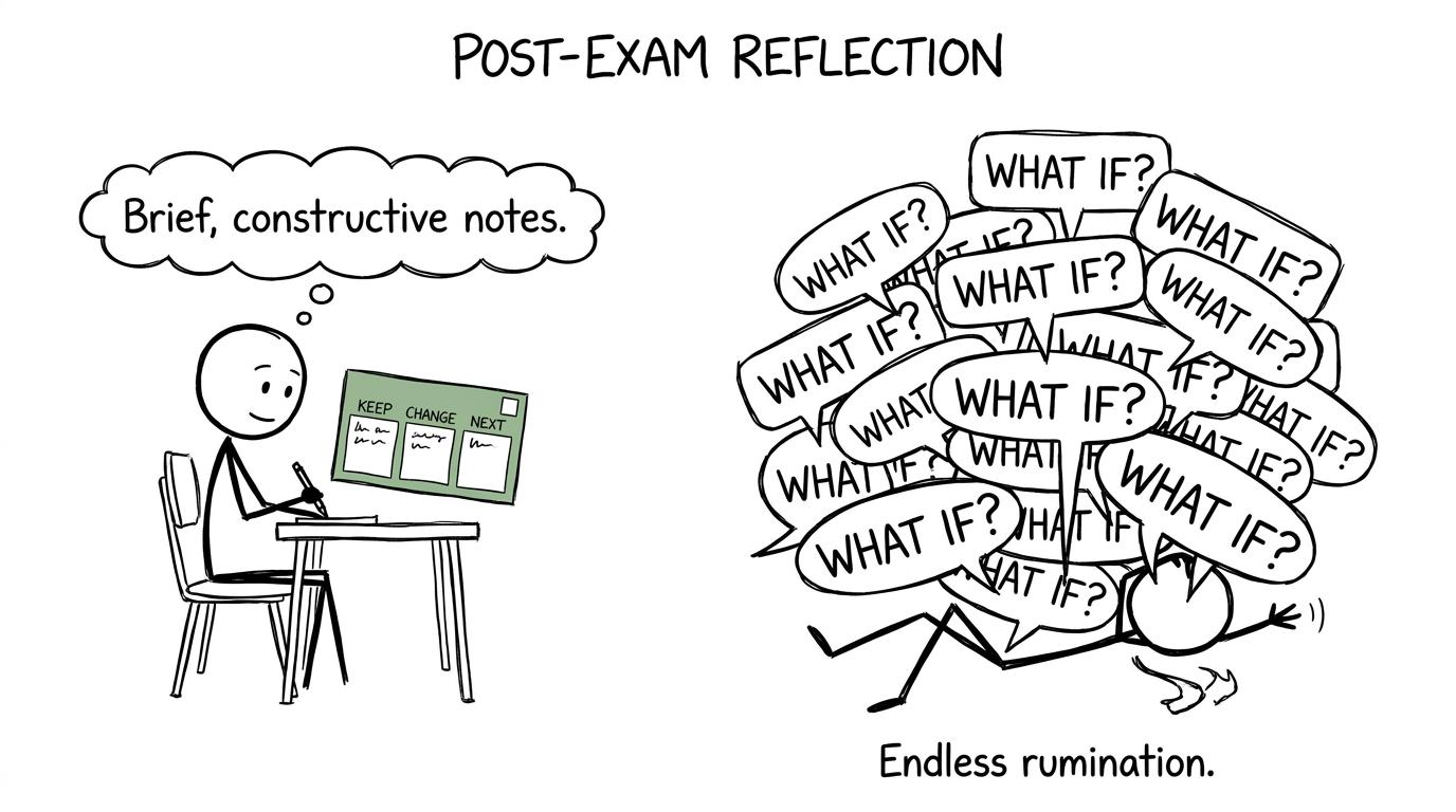 One student writes three useful notes while another disappears beneath a mountain of what-if questions