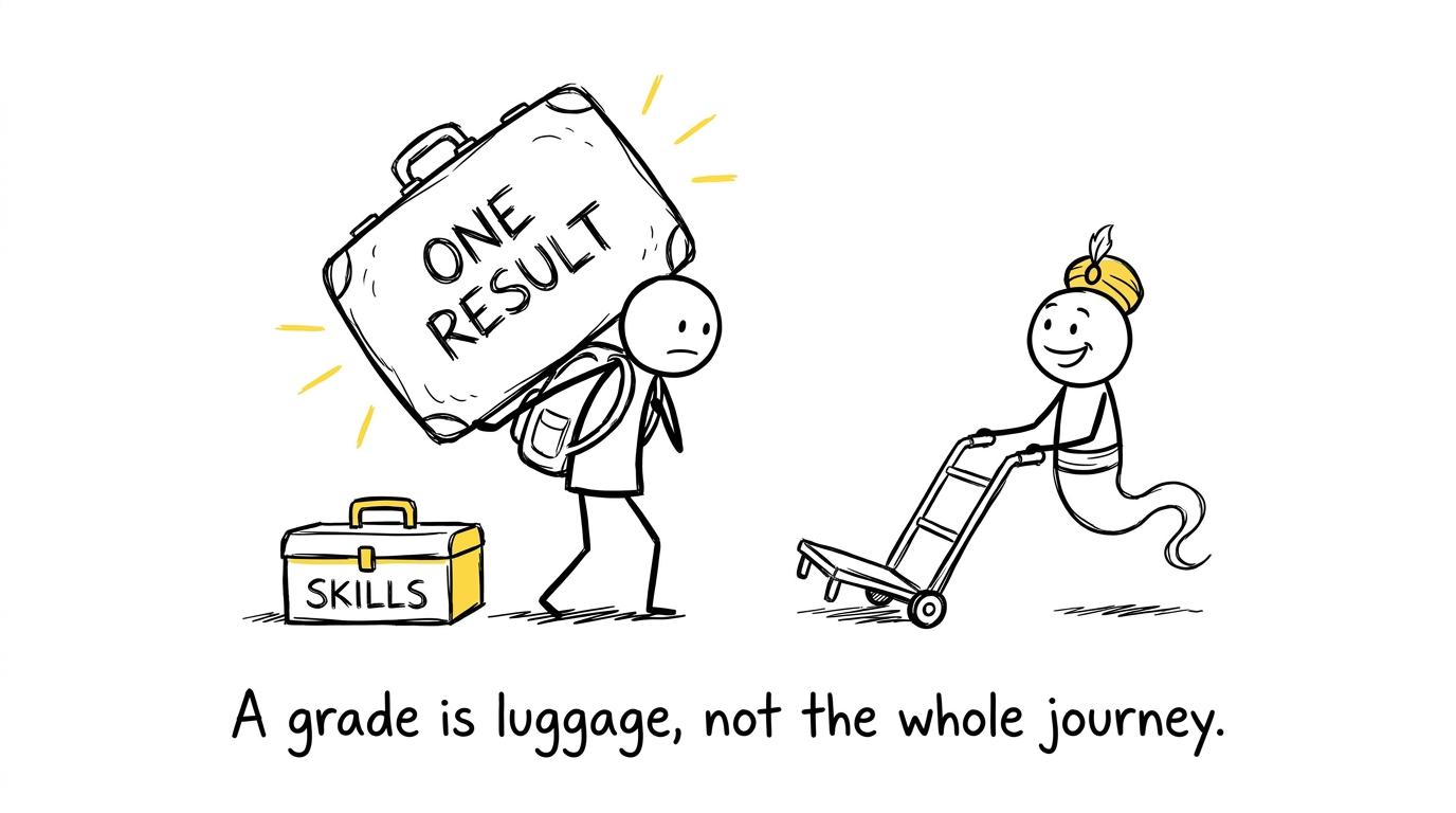 A student learns that one grade is luggage rather than the whole journey