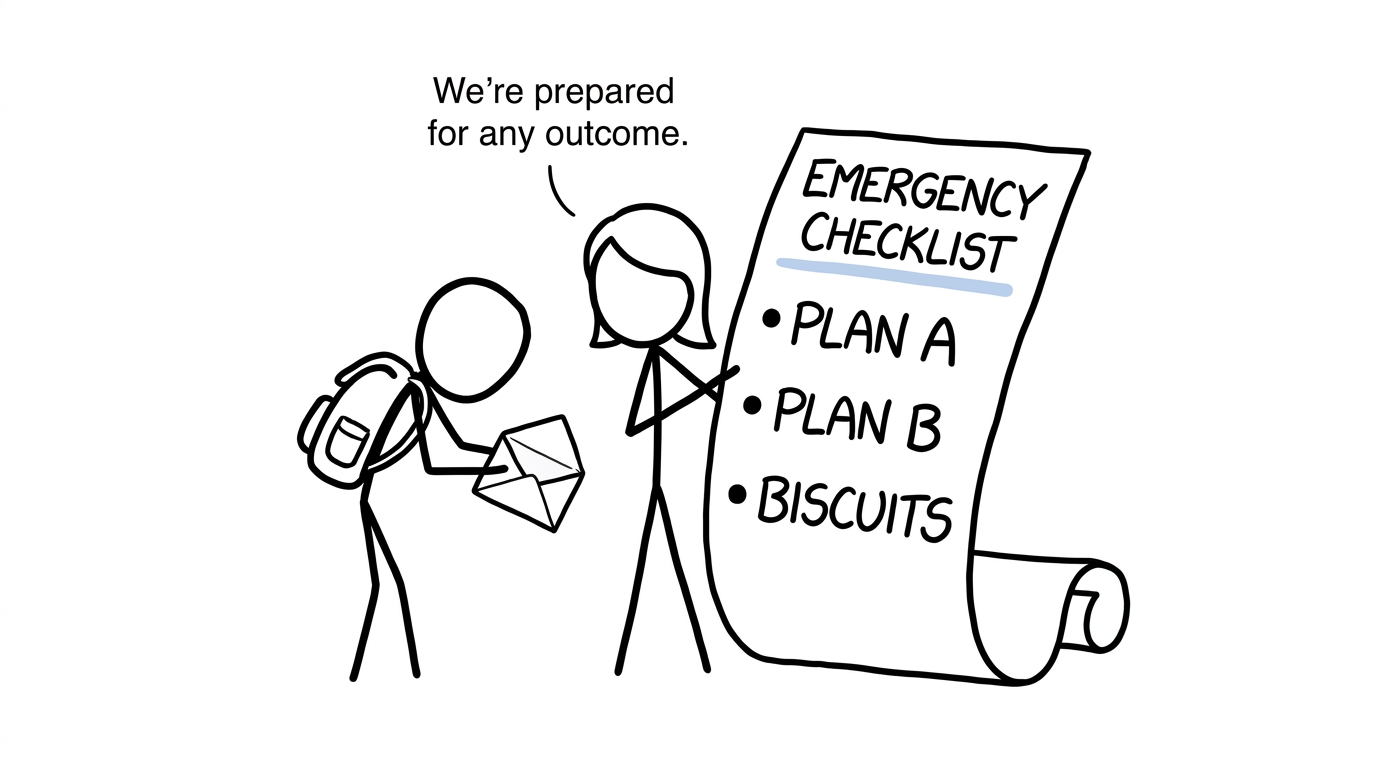 A student opens a results envelope while a parent arrives with plans and biscuits