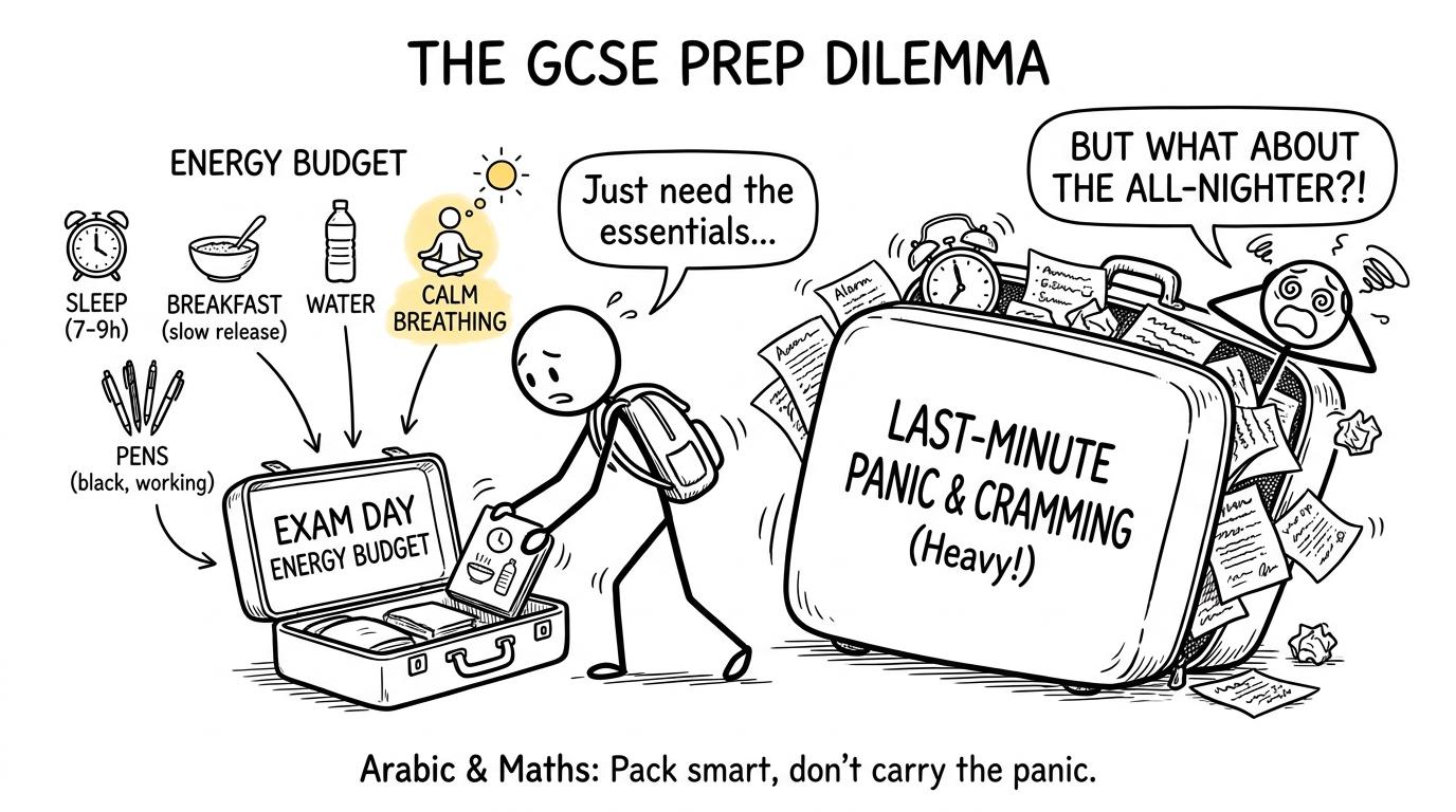 A student choosing an exam-day energy suitcase while leaving last-minute panic behind