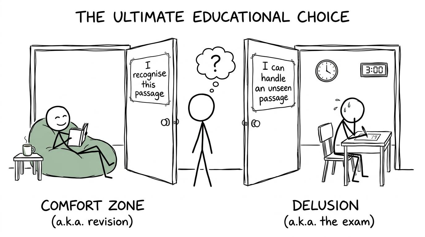 A student choosing between recognising a familiar passage and tackling an unseen one