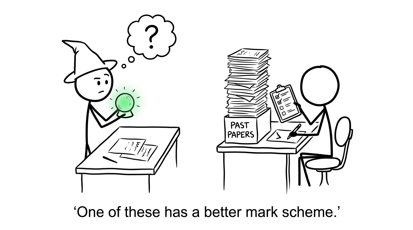 A crystal ball competes with a stack of marked past papers