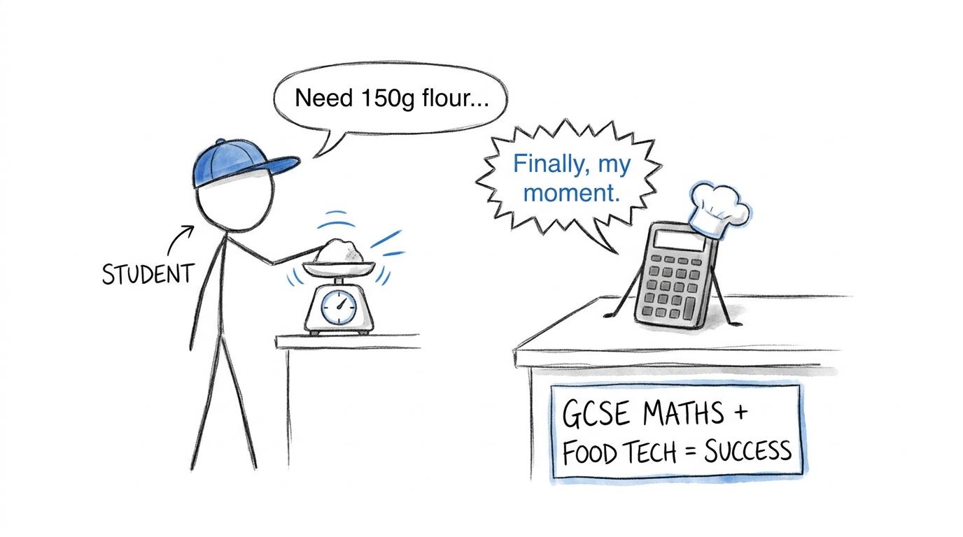 A calculator in a chef hat celebrates beside a student using kitchen scales