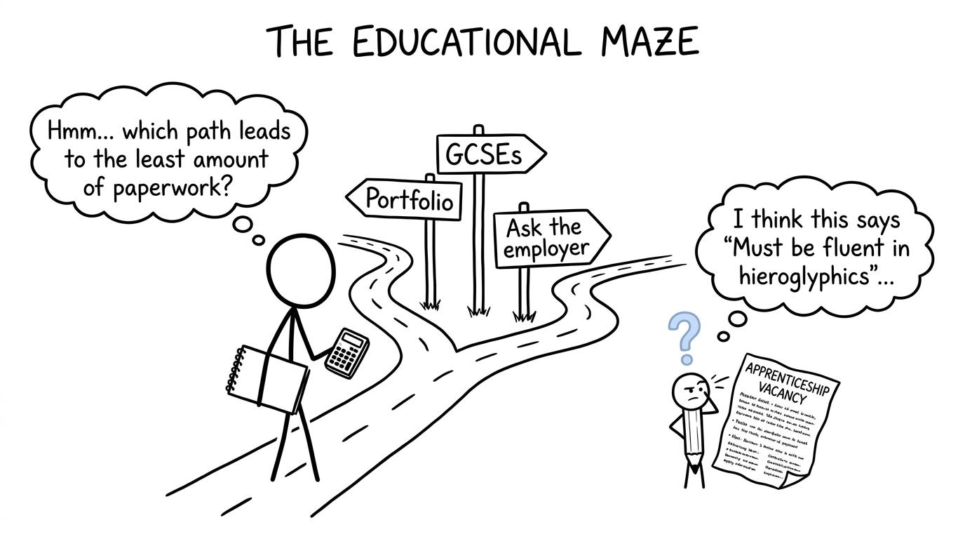 A student choosing between portfolio, GCSE and employer signposts