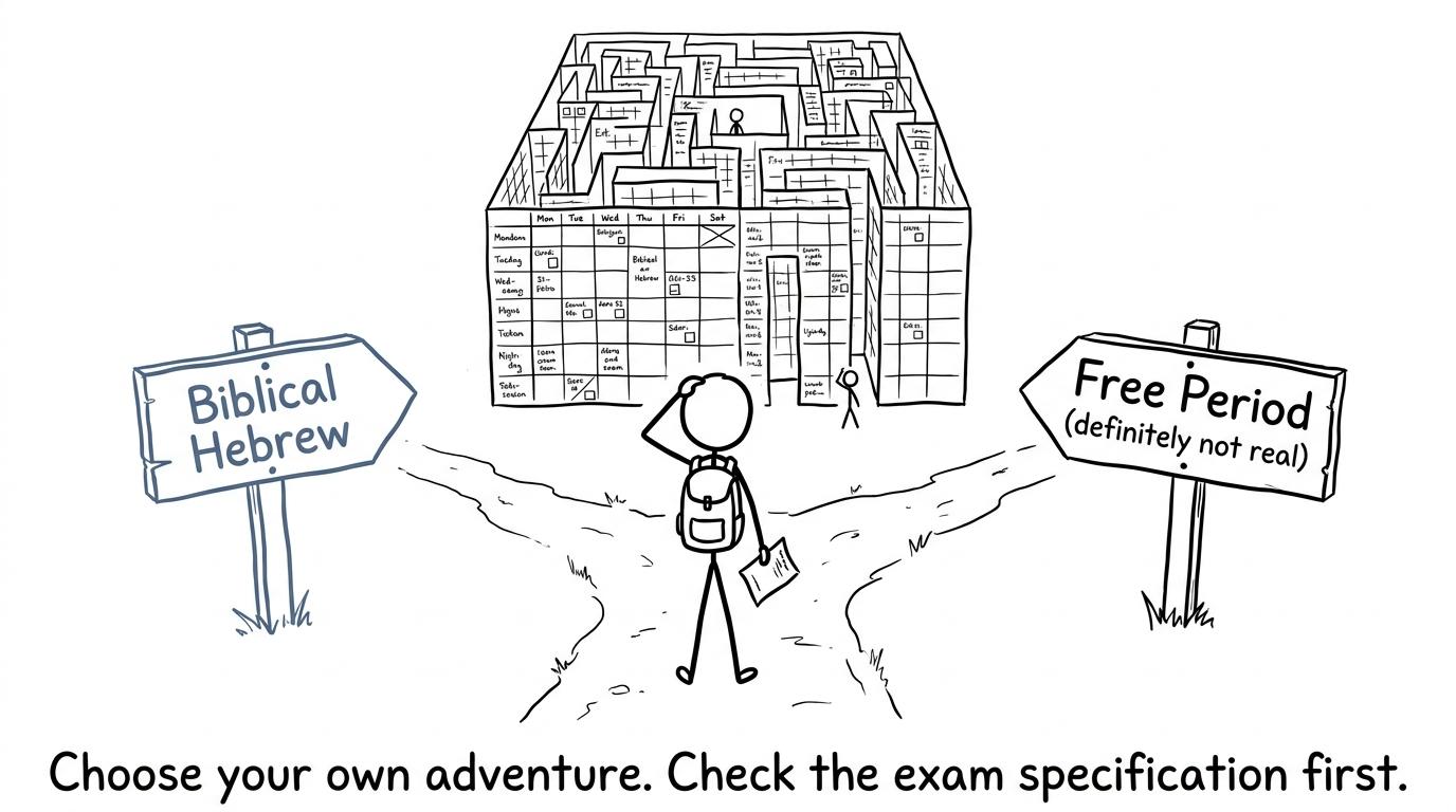 A student choosing between GCSE options while a timetable looms in the background