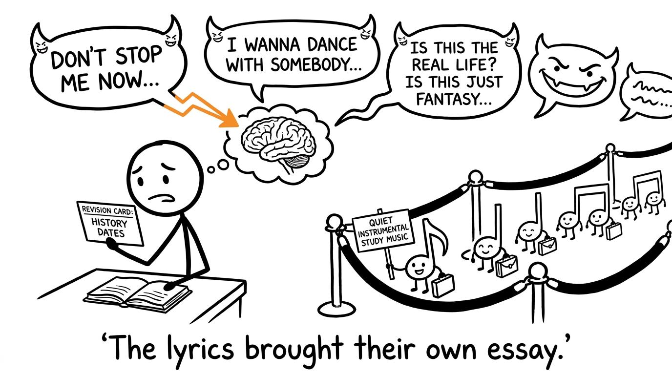 Song lyrics queuing to interrupt a student's revision while instrumental notes wait politely