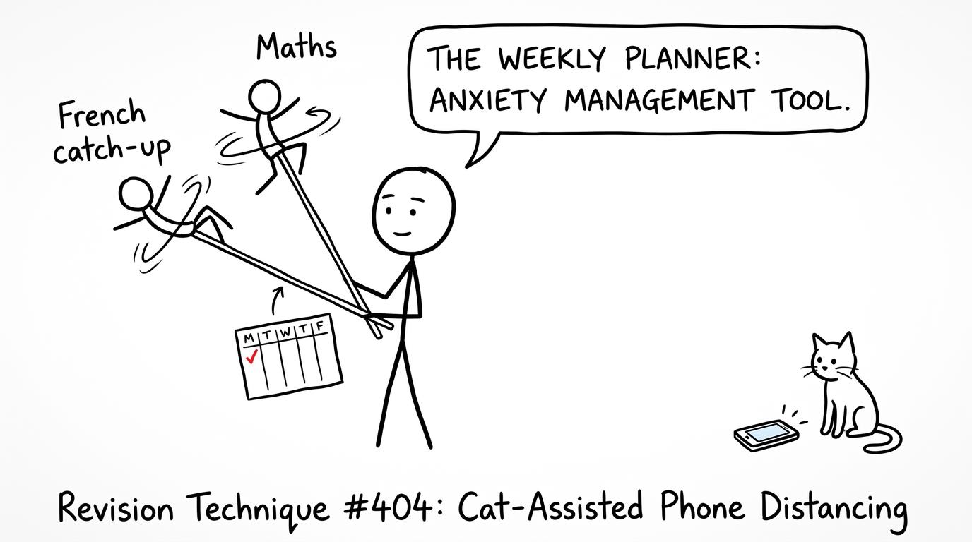 A student balancing French catch-up and maths with a weekly planner