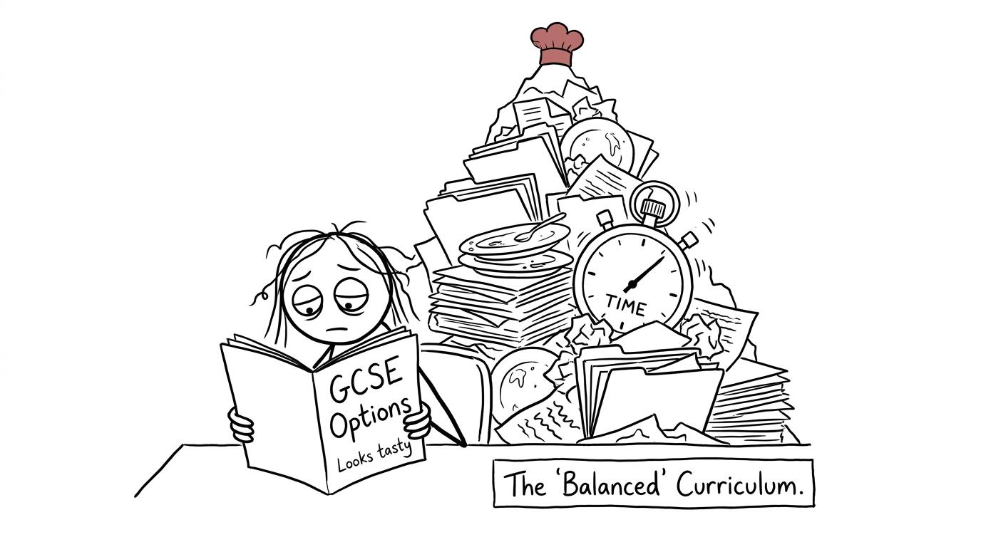 A student discovers a mountain of folders and washing-up behind an options booklet
