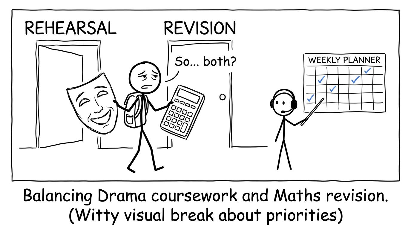 A student balancing Drama rehearsal and Maths revision with a weekly planner
