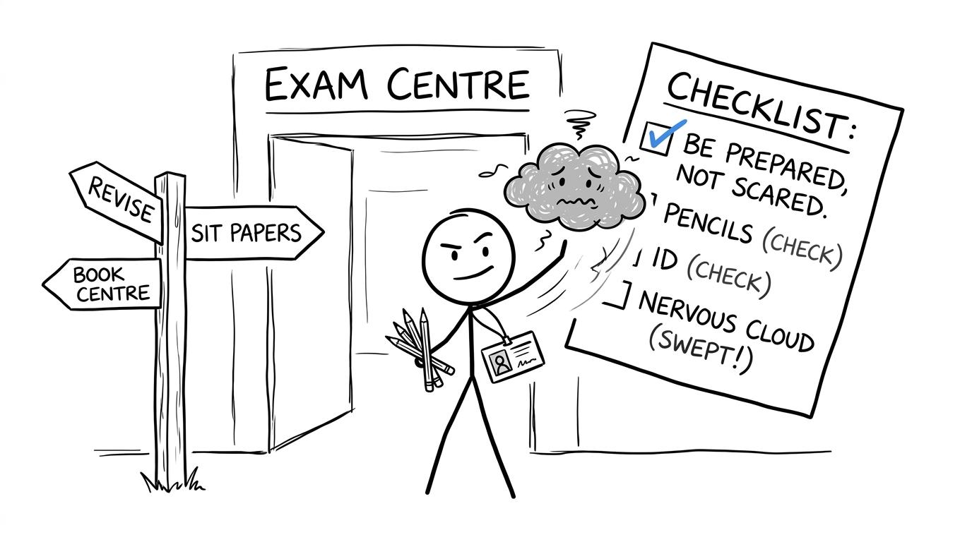 An adult learner follows a checklist towards an exam centre