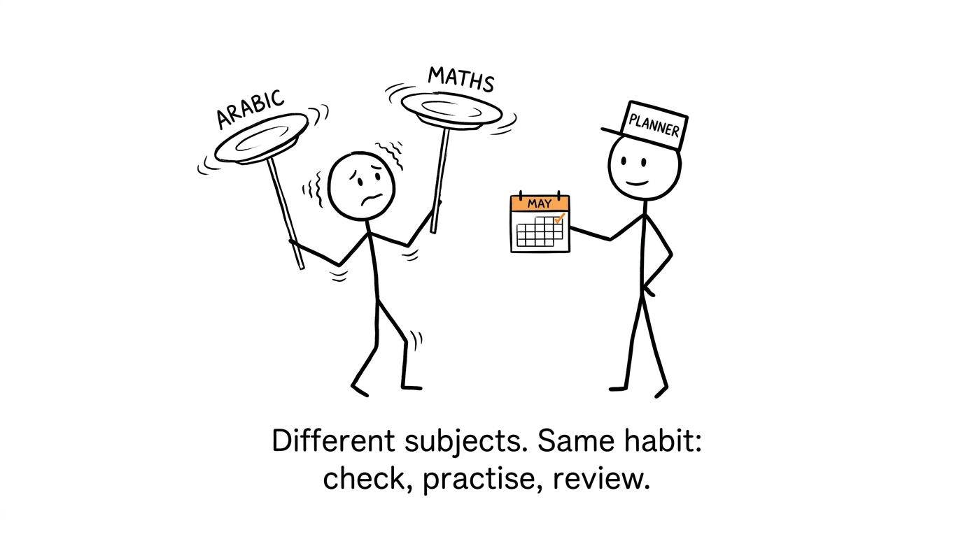 A revision planner helps a student balance Arabic and maths