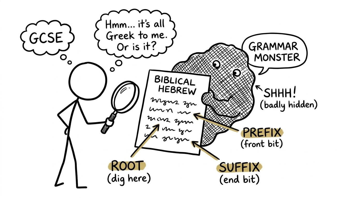 A revision detective follows clues labelled root, prefix and suffix