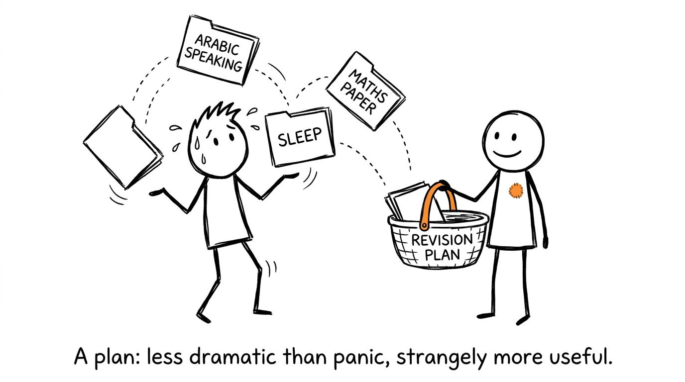 A student juggling Arabic speaking, maths revision and sleep while a planner catches everything