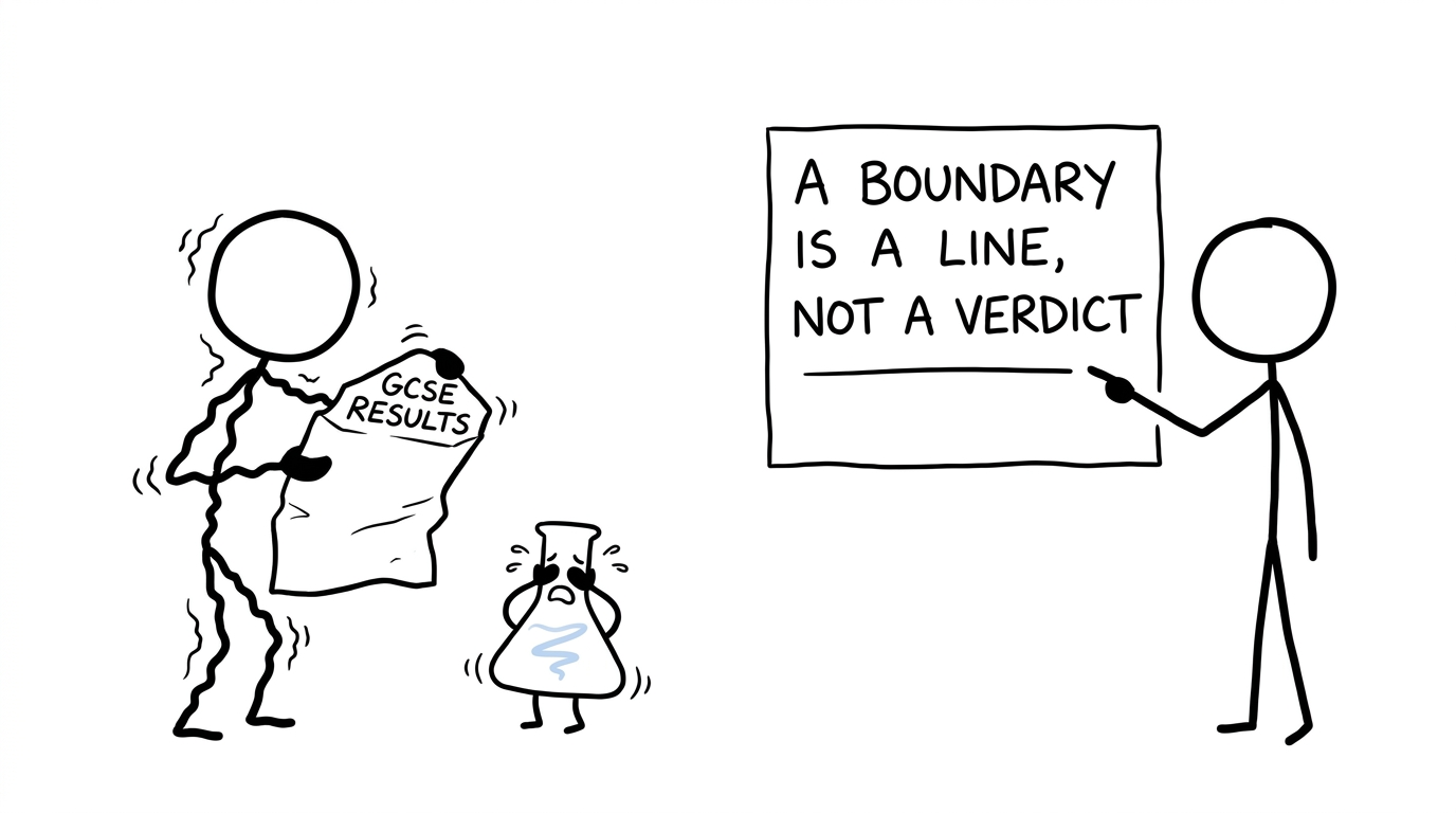 A nervous student and laboratory flask discover that a grade boundary is a line, not a verdict