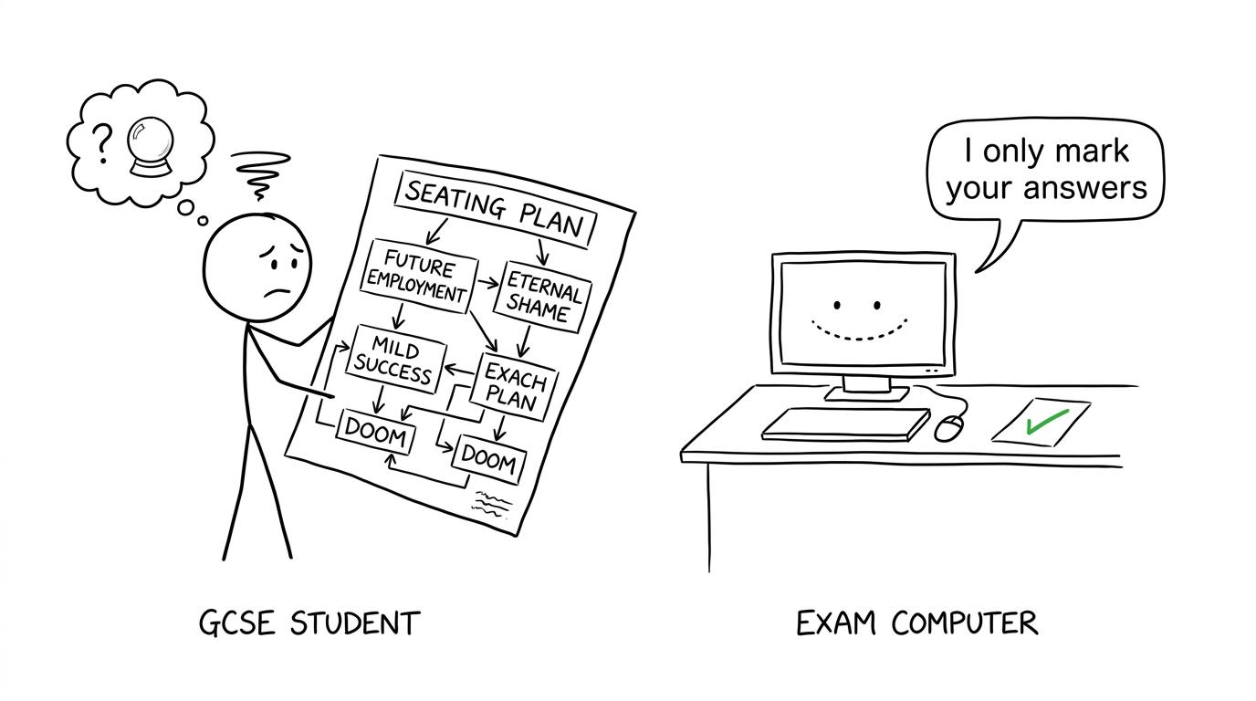 A computer reminds a worried student that it marks answers rather than seating plans