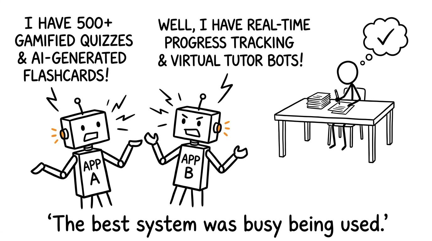 Two overcomplicated revision apps argue while a student quietly completes a practice paper