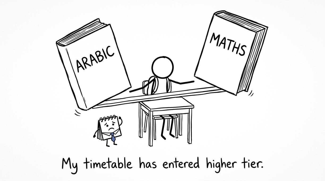 A student balancing Arabic and maths revision books on a seesaw