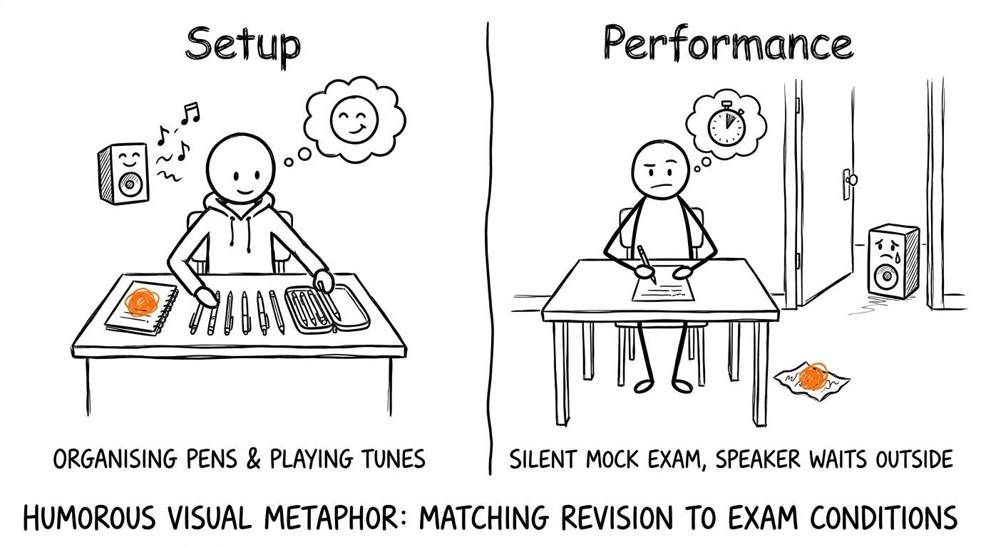 A student uses music for setting up but sends the speaker away for silent exam practice