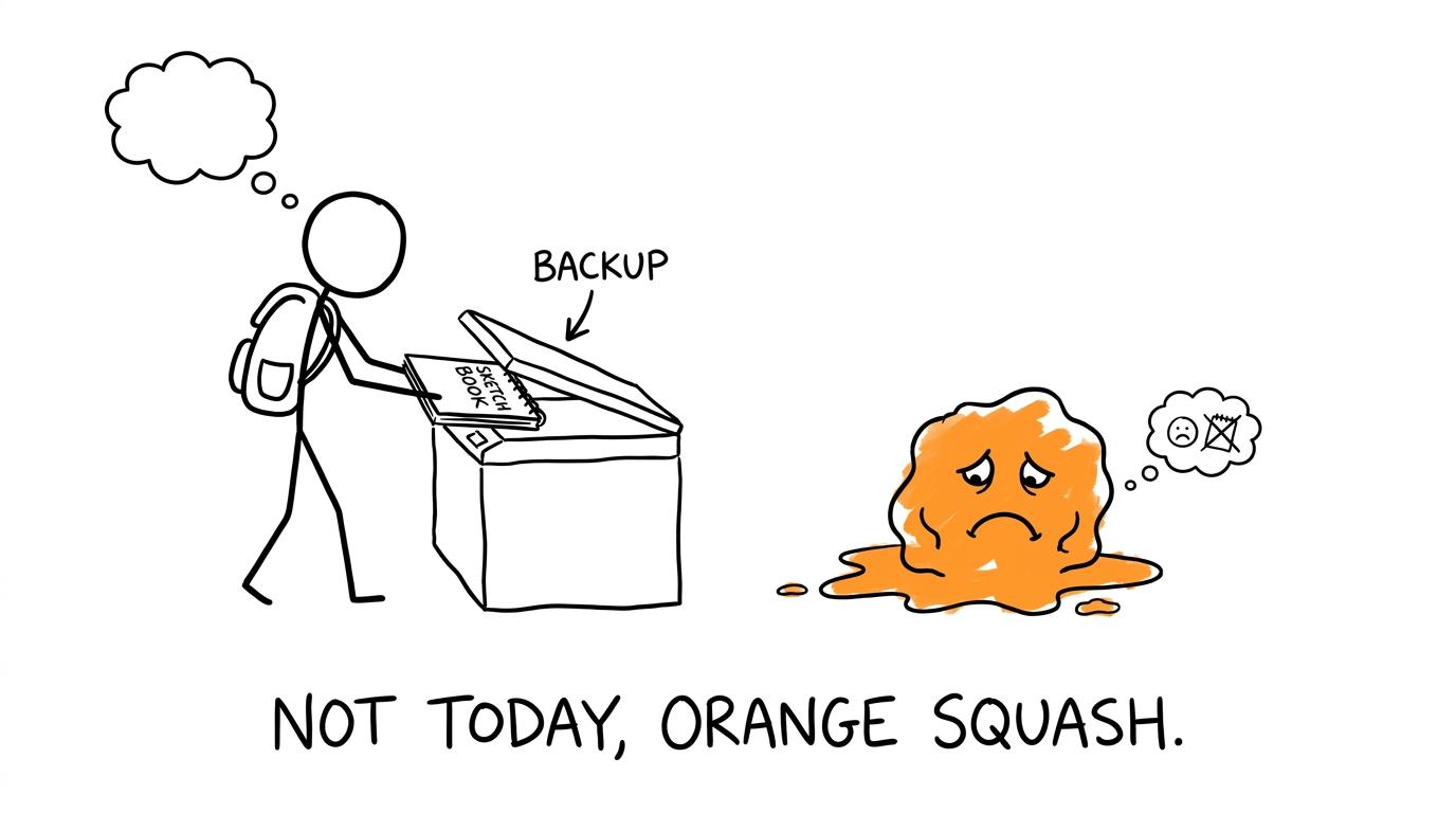 A digital backup protecting a sketchbook from orange squash