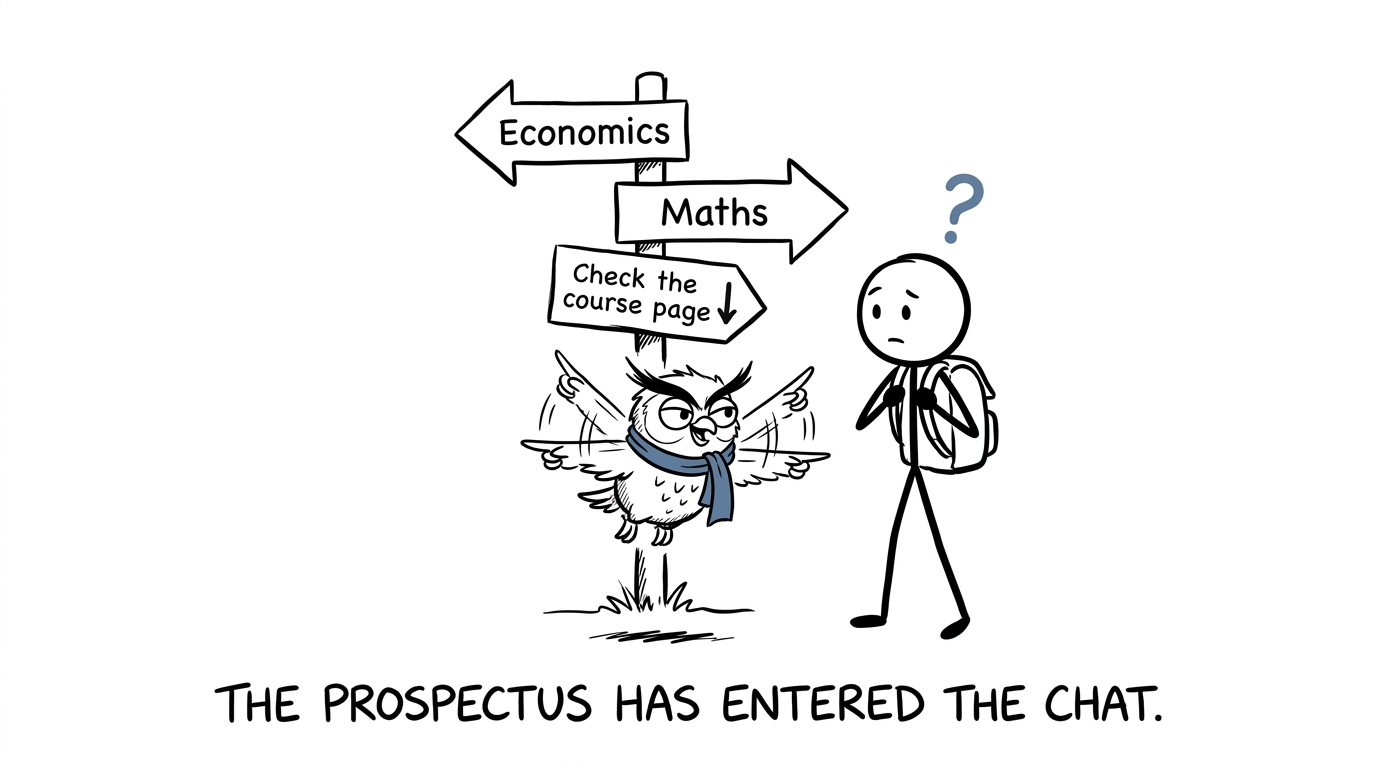 A student meets a university signpost and a confidently unhelpful owl