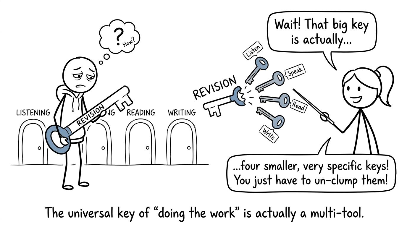 A student discovers that one revision key must become four skill keys