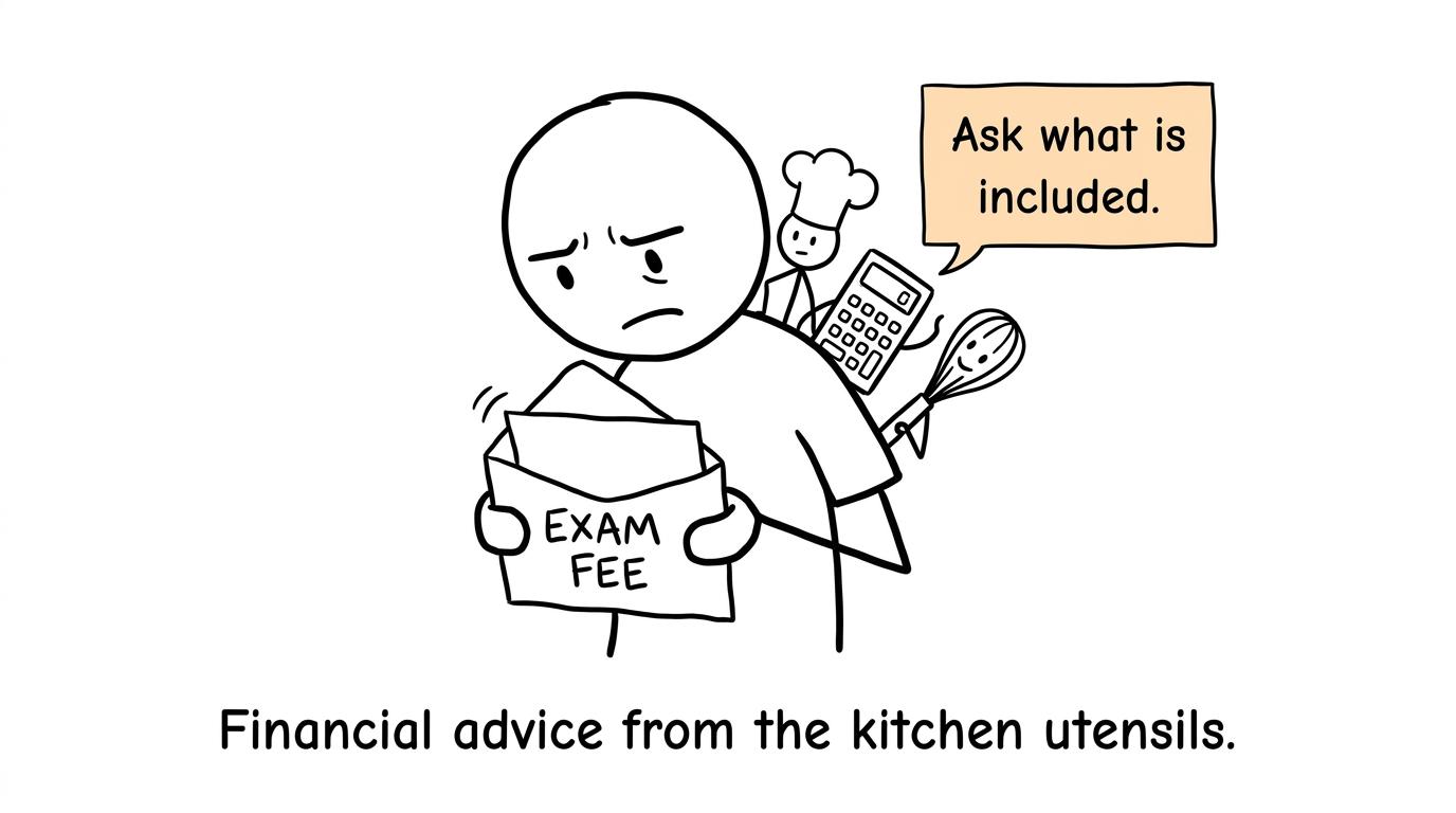 A worried student receives advice from a calculator, whisk and chef's hat about checking an exam fee