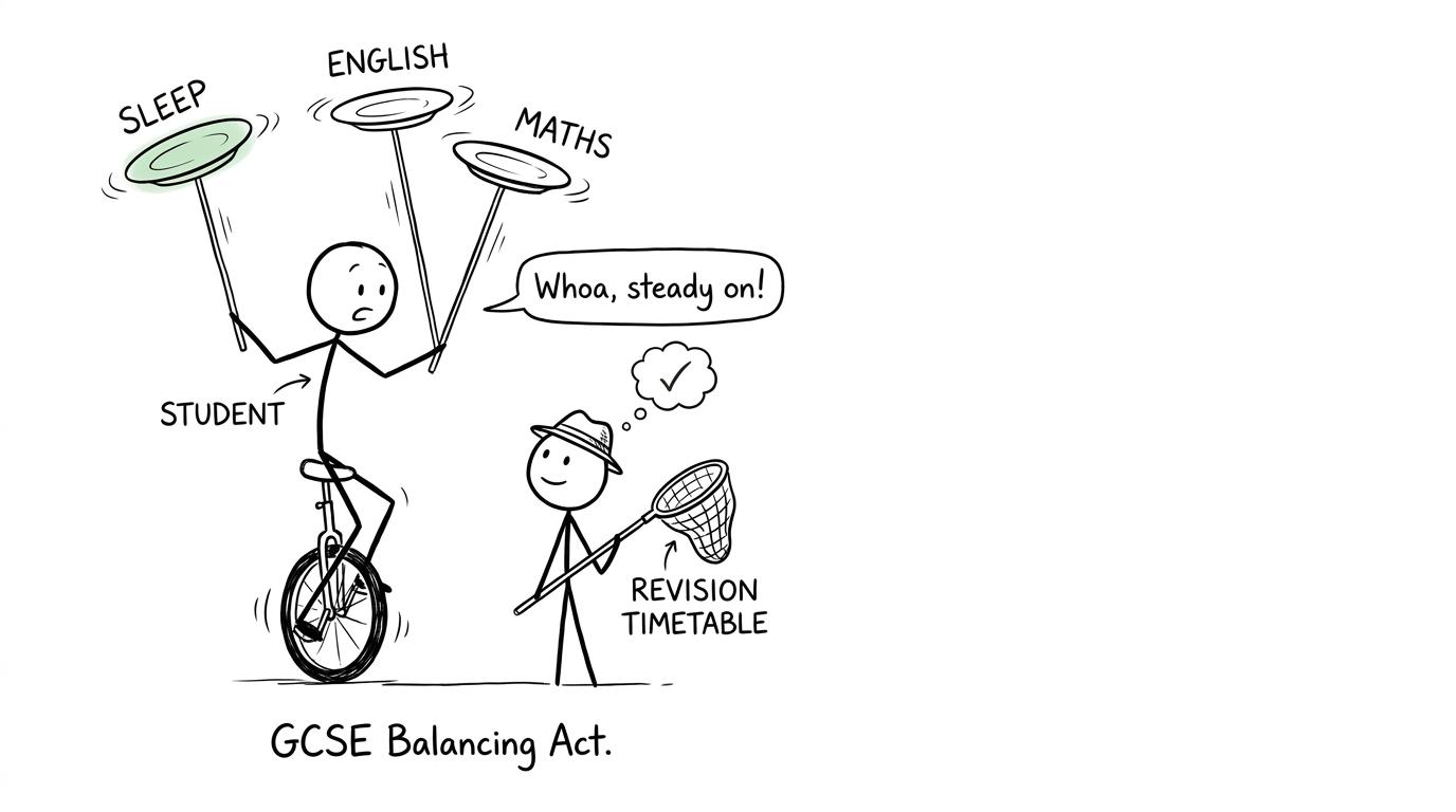 A student balancing English, maths and sleep above a timetable safety net