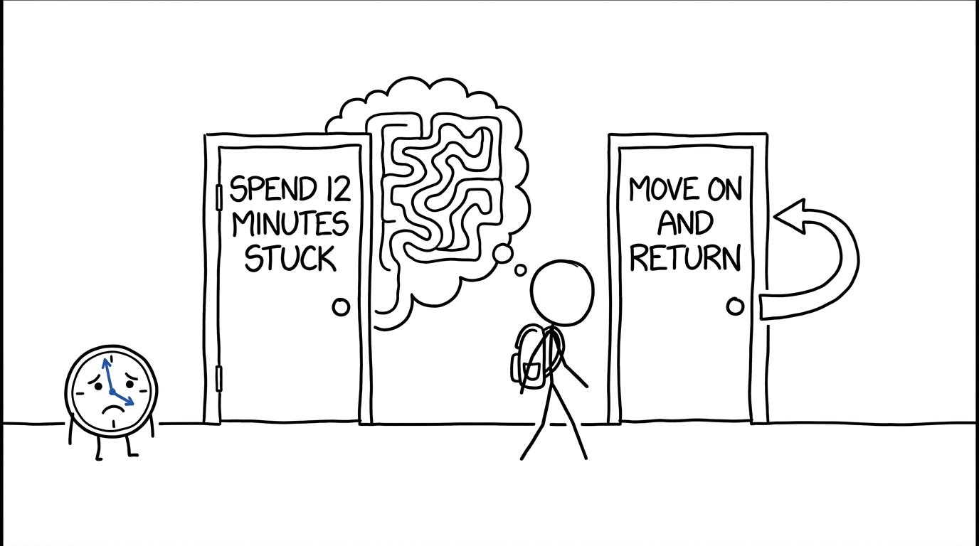 A student chooses to move on and return instead of entering a time-consuming maze