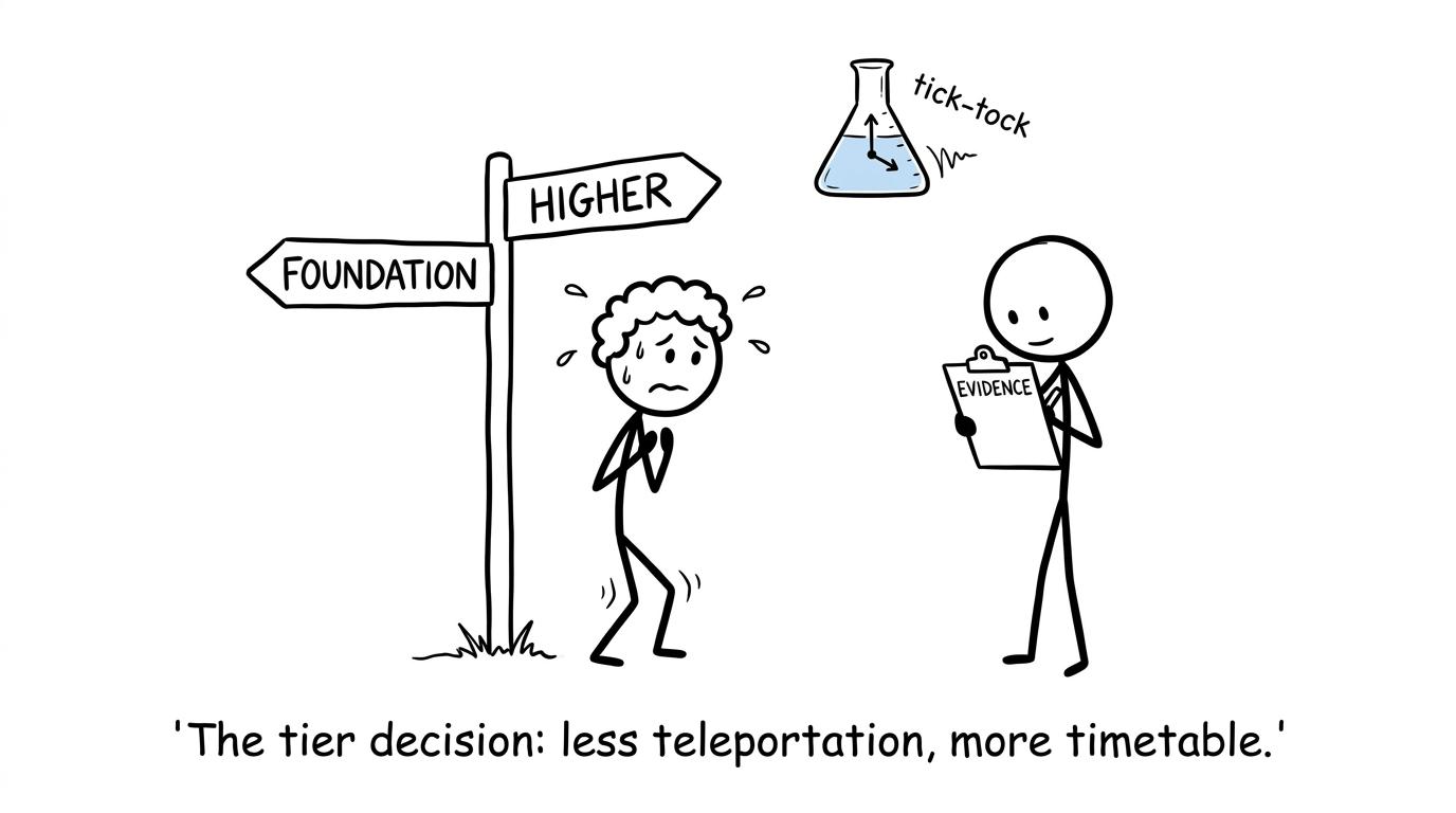 A student considers the foundation and higher signposts while a teacher checks the evidence