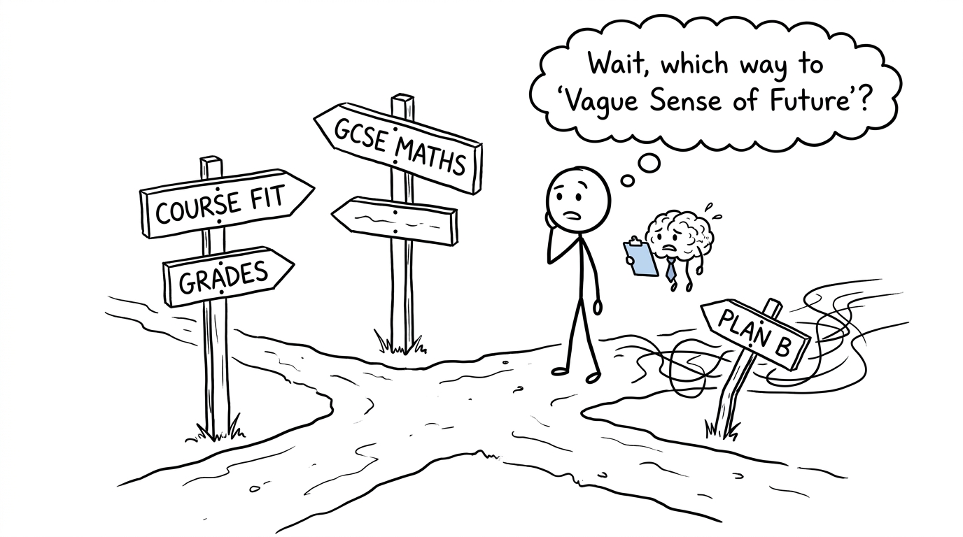 A student and a serious cartoon brain choosing between university admissions signposts