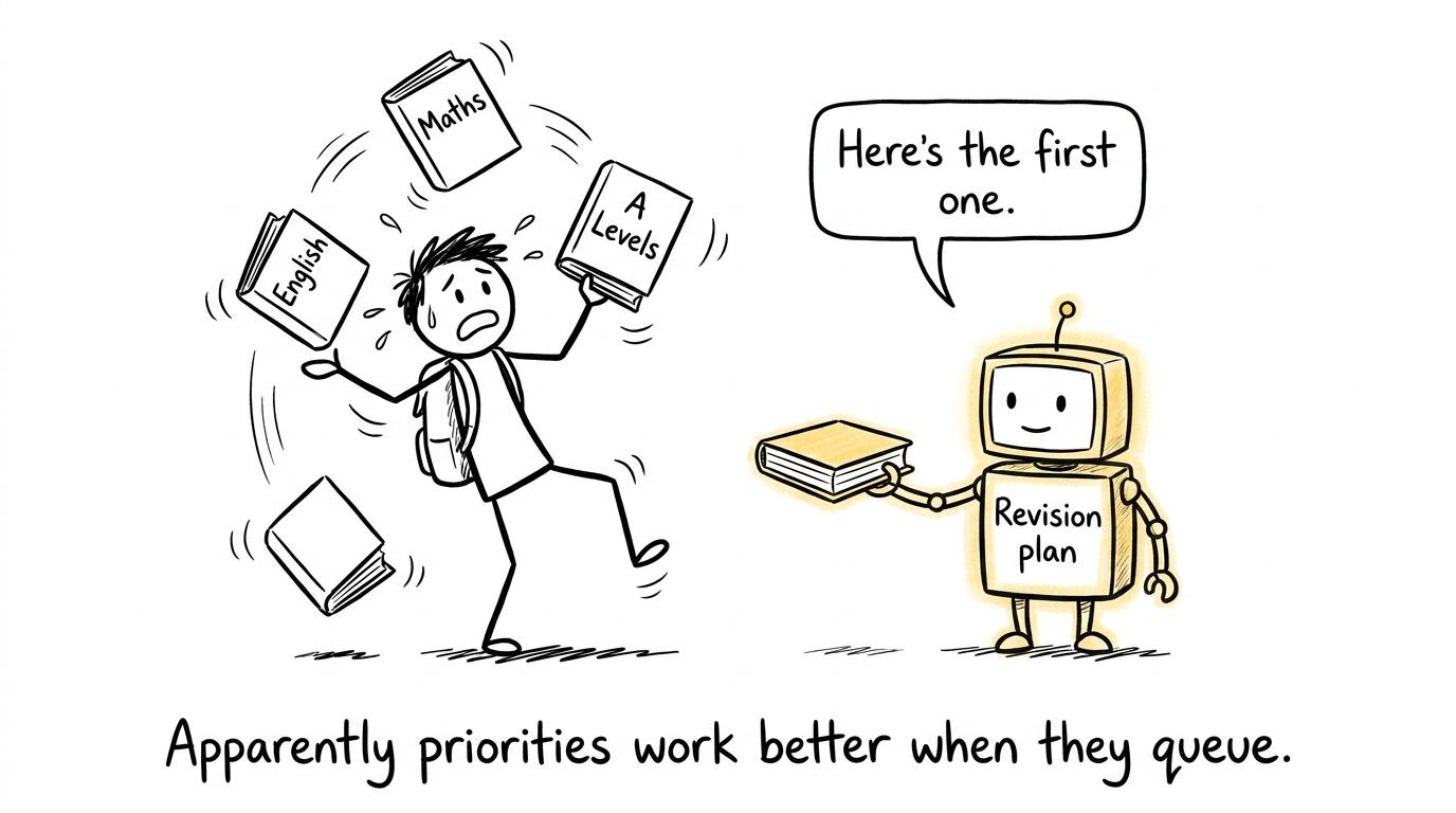 A revision robot helping a student queue English, maths and A Level priorities