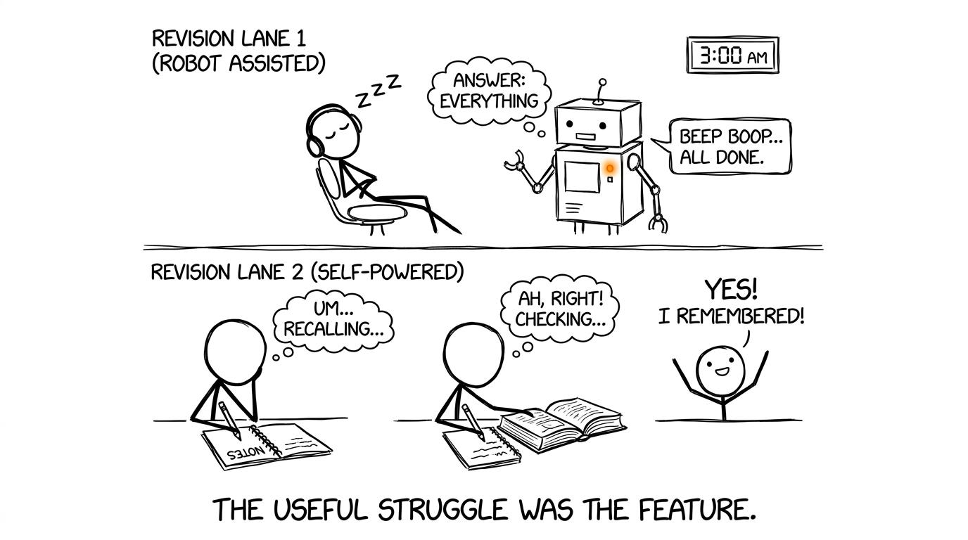 One student passively watches AI while another retrieves and checks knowledge
