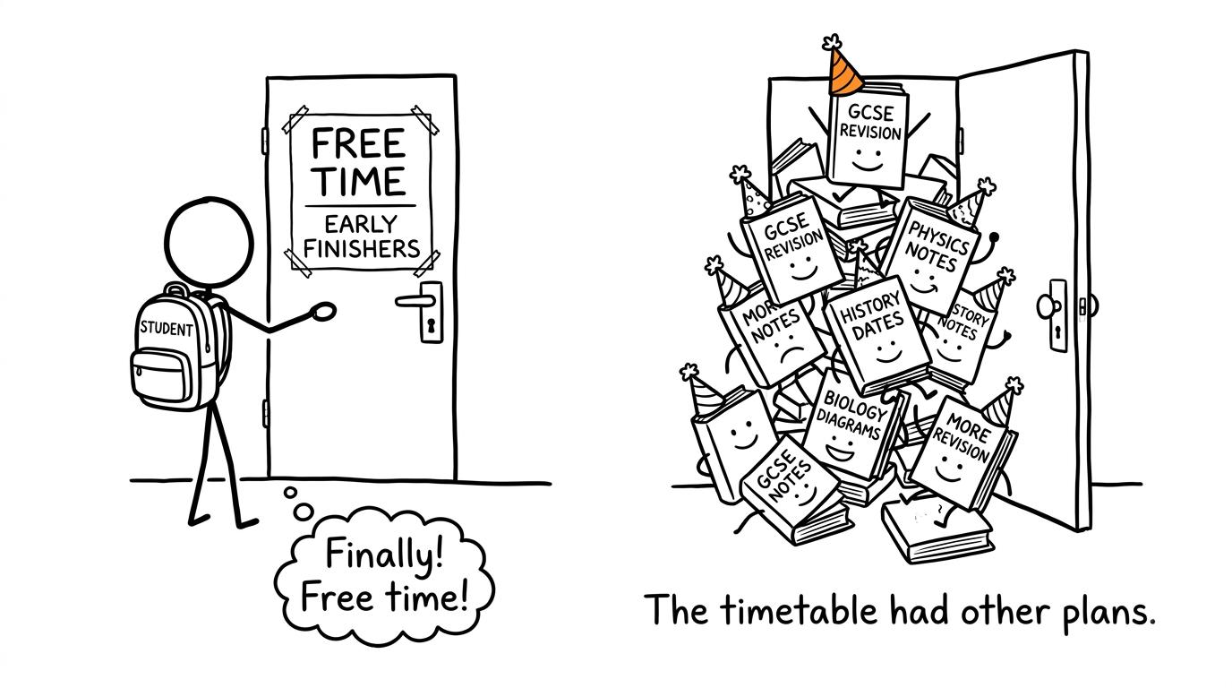 A student discovering that finishing one exam does not empty the revision timetable