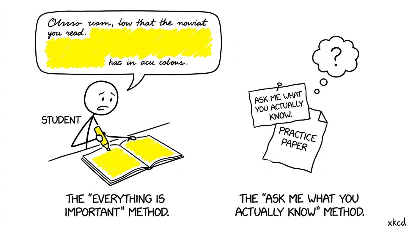 A highlighted page asking for attention while a practice paper waits