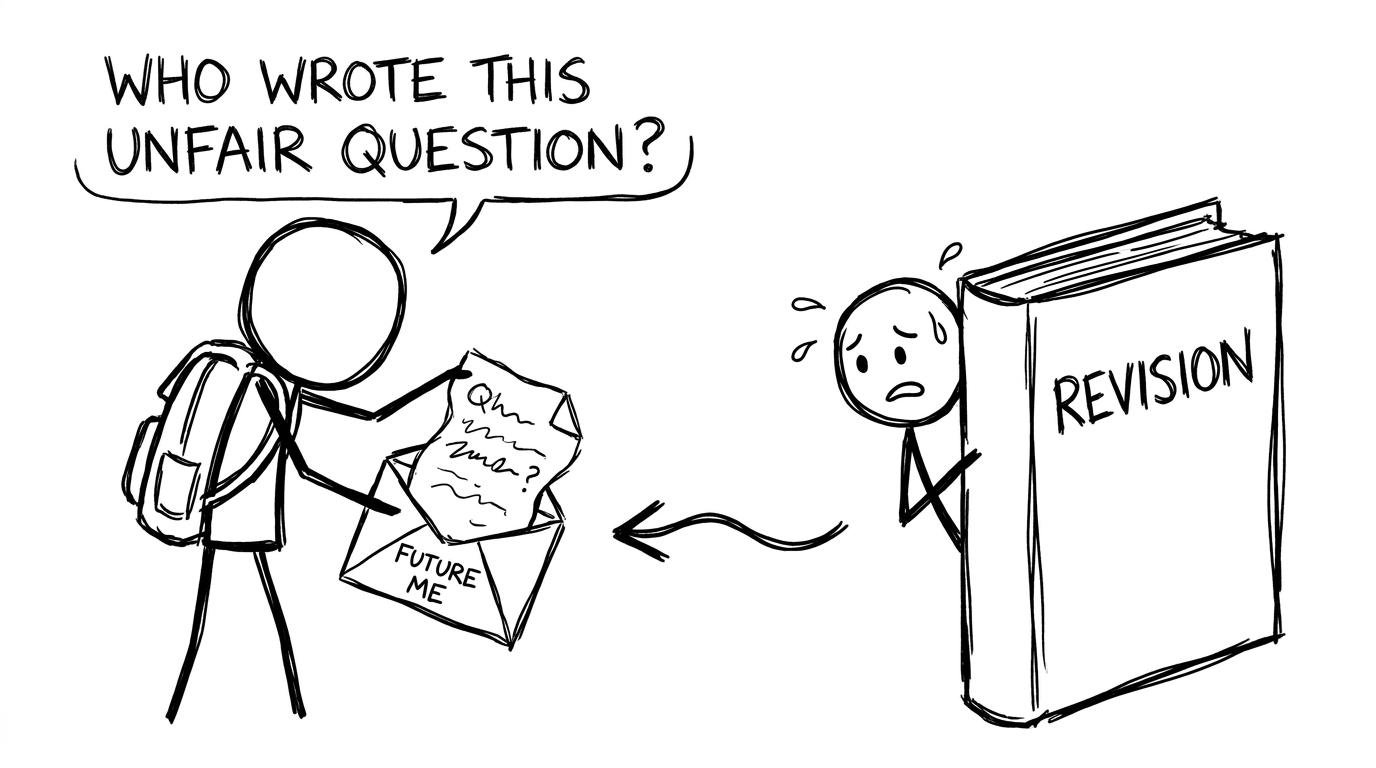A student receives a difficult revision question from their suspicious past self