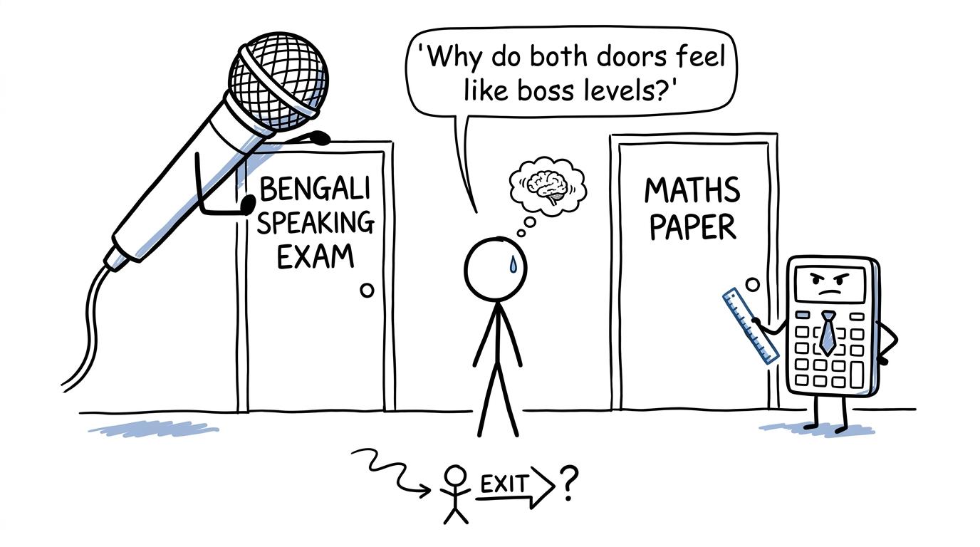 A student choosing between two intimidating GCSE exam doors
